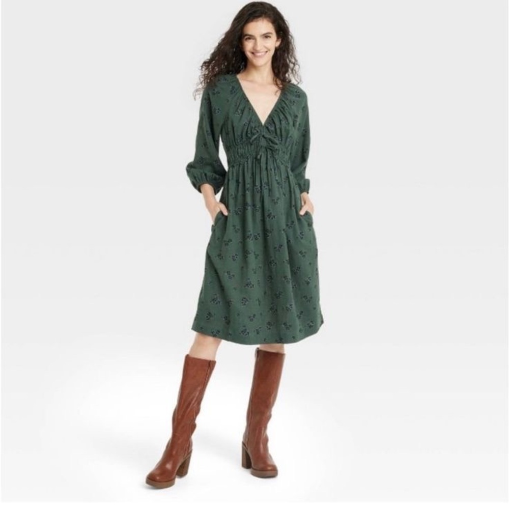 Universal Thread Olive Green Linen Blend Burnout Floral Midi Dress Medium